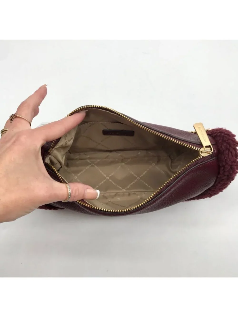 Michael Kors Oxblood Pebbled Leather Carmela Pouchette Crossbody Bag